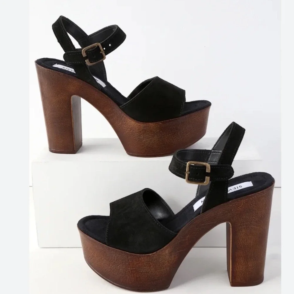 Steve Madden Vintage Black Suede Lulla Platform Chunky Sandals Women's Size 8.5